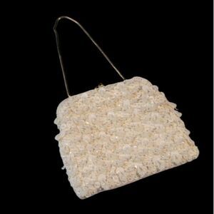 Beaded Sequined Cocktail Purse Vintage Hand Made In Hong Kong Off White